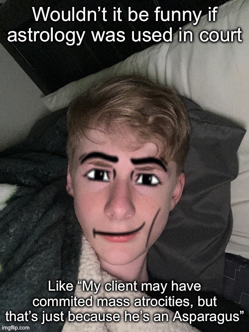 Virian man face | Wouldn’t it be funny if astrology was used in court; Like “My client may have commited mass atrocities, but that’s just because he’s an Asparagus” | image tagged in virian man face | made w/ Imgflip meme maker