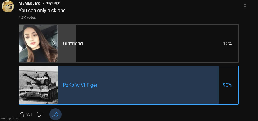 10% of people already have a PzKpfw VI Tiger | image tagged in memes,girlfirend,tiger tank,you can pick only one choose wisely | made w/ Imgflip meme maker
