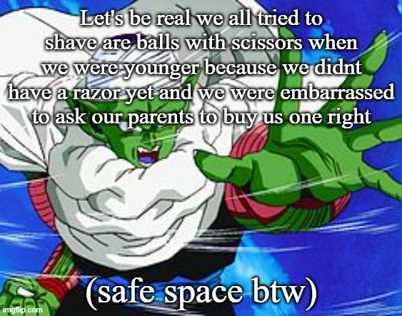 Piccolo | Let's be real we all tried to shave are balls with scissors when we were younger because we didnt have a razor yet and we were embarrassed to ask our parents to buy us one right; (safe space btw) | image tagged in piccolo | made w/ Imgflip meme maker