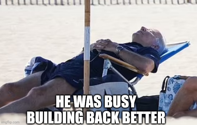 Beach Bum Biden | HE WAS BUSY
BUILDING BACK BETTER | image tagged in beach bum biden | made w/ Imgflip meme maker