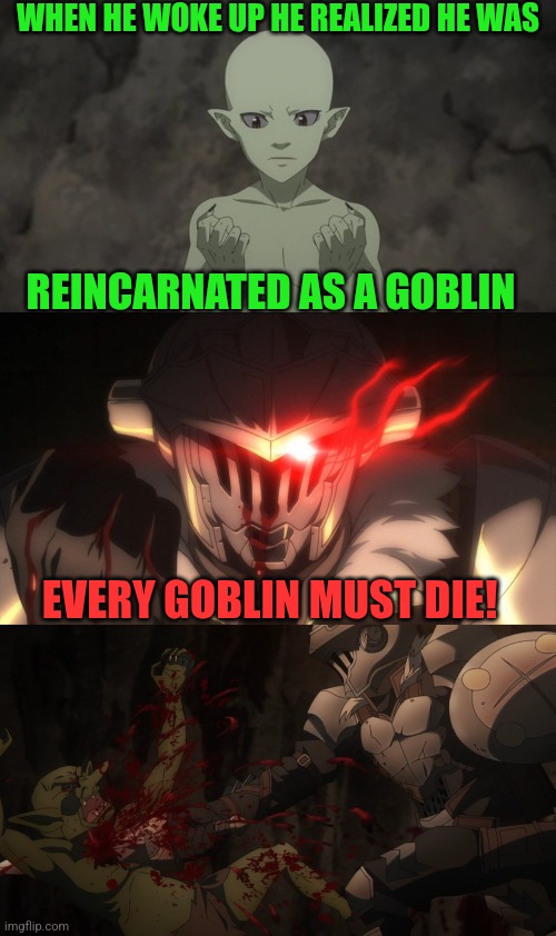 TIME TO KILL SOME GOBLINS | WHEN HE WOKE UP HE REALIZED HE WAS; REINCARNATED AS A GOBLIN; EVERY GOBLIN MUST DIE! | image tagged in goblin slayer,anime,goblin,anime meme | made w/ Imgflip meme maker