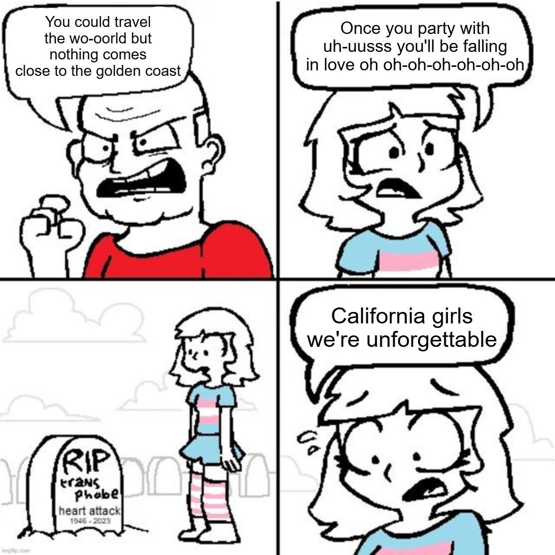 Once you party with uh-uusss you'll be falling in love oh oh-oh-oh-oh-oh-oh; You could travel the wo-oorld but nothing comes close to the golden coast; California girls we're unforgettable | made w/ Imgflip meme maker