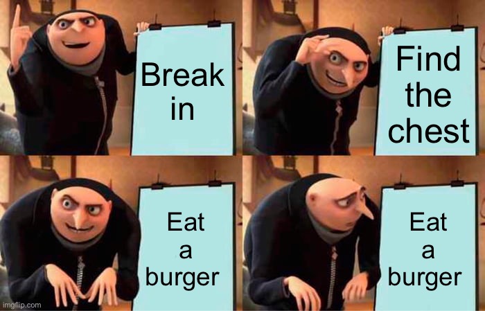 Gru's Plan | Break in; Find the chest; Eat a burger; Eat a burger | image tagged in memes,gru's plan | made w/ Imgflip meme maker