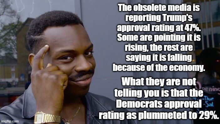 It sure seems like the end of the Democrat party.  Unfortunately, Democrats, like cockroaches, just won't go away. | The obsolete media is
reporting Trump's
approval rating at 47%.
Some are pointing it is
rising, the rest are
saying it is falling
because of the economy. What they are not telling you is that the Democrats approval rating as plummeted to 29%. | image tagged in democrats have too much money,they need to spread the wealth around,they need to raise taxes on democrat voters | made w/ Imgflip meme maker