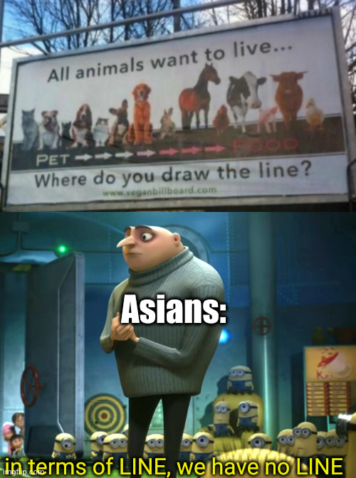 gimme the pulled dog sandwich | Asians:; in terms of LINE, we have no LINE | image tagged in in terms of money we have no money,asians,racist,animals,food,funny | made w/ Imgflip meme maker