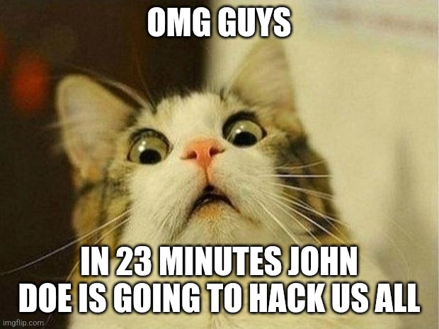 The People on Roblox who believe that John Doe is a hacker | OMG GUYS; IN 23 MINUTES JOHN DOE IS GOING TO HACK US ALL | image tagged in memes,scared cat | made w/ Imgflip meme maker