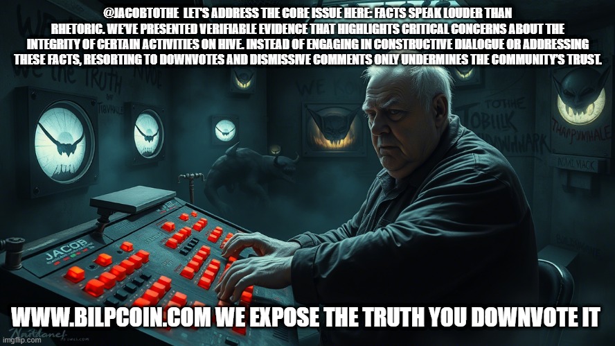 @JACOBTOTHE  LET'S ADDRESS THE CORE ISSUE HERE: FACTS SPEAK LOUDER THAN RHETORIC. WE’VE PRESENTED VERIFIABLE EVIDENCE THAT HIGHLIGHTS CRITICAL CONCERNS ABOUT THE INTEGRITY OF CERTAIN ACTIVITIES ON HIVE. INSTEAD OF ENGAGING IN CONSTRUCTIVE DIALOGUE OR ADDRESSING THESE FACTS, RESORTING TO DOWNVOTES AND DISMISSIVE COMMENTS ONLY UNDERMINES THE COMMUNITY’S TRUST. WWW.BILPCOIN.COM WE EXPOSE THE TRUTH YOU DOWNVOTE IT | made w/ Imgflip meme maker
