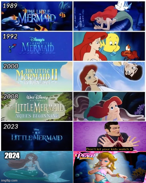 little mermaid over the years | 2024 | image tagged in little mermaid over the years,the little mermaid,disney,history memes,fairy tales,fantasy | made w/ Imgflip meme maker