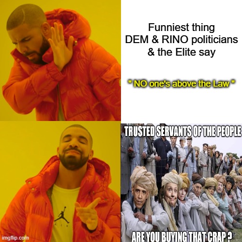 There i said it. | Funniest thing DEM & RINO politicians & the Elite say; " NO one's above the Law " | image tagged in memes,drake hotline bling | made w/ Imgflip meme maker
