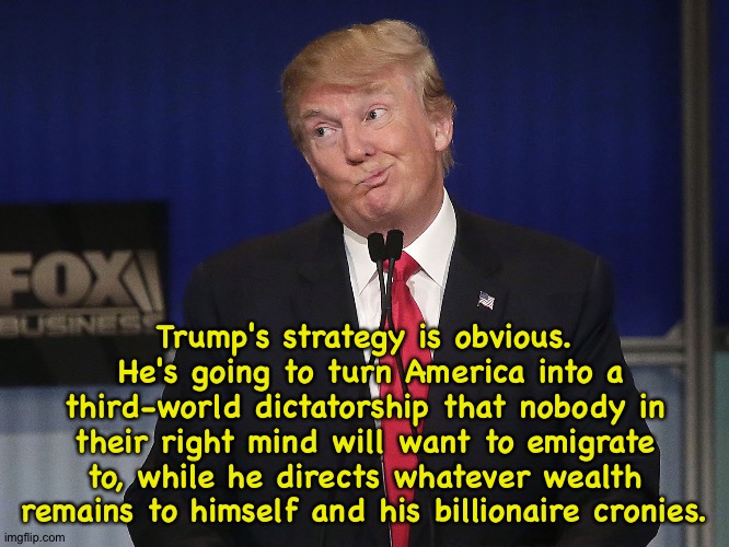 The Trumpers themselves will tell you nothing can stop him. | Trump's strategy is obvious.  He's going to turn America into a third-world dictatorship that nobody in their right mind will want to emigrate to, while he directs whatever wealth remains to himself and his billionaire cronies. | image tagged in stupid donald trump pressumptive american president hi-rez | made w/ Imgflip meme maker
