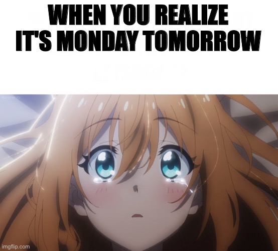 Pecorine cry | WHEN YOU REALIZE IT'S MONDAY TOMORROW | image tagged in pecorine cry,ai meme,monday,anime | made w/ Imgflip meme maker