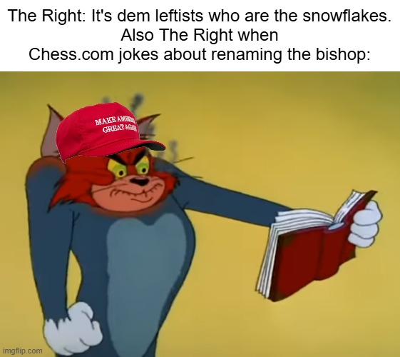 Angry Tom | The Right: It's dem leftists who are the snowflakes.
Also The Right when Chess.com jokes about renaming the bishop: | image tagged in angry tom,chess,snowflakes,conservative hypocrisy,irony,bishop | made w/ Imgflip meme maker