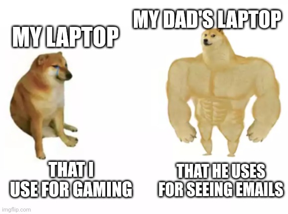 ?? | MY DAD'S LAPTOP; MY LAPTOP; THAT I USE FOR GAMING; THAT HE USES FOR SEEING EMAILS | image tagged in buff doge vs cheems reversed | made w/ Imgflip meme maker