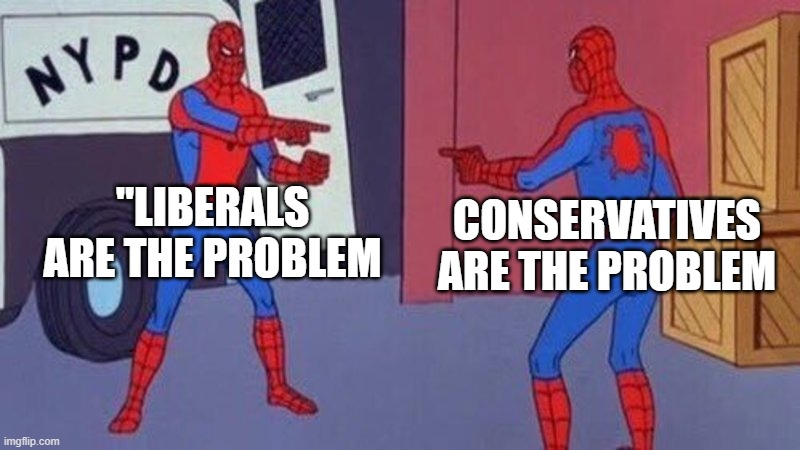 spiderman pointing at spiderman | "LIBERALS ARE THE PROBLEM; CONSERVATIVES ARE THE PROBLEM | image tagged in spiderman pointing at spiderman | made w/ Imgflip meme maker