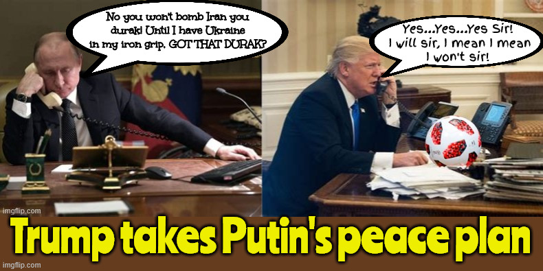 Piece in Ukraine | No you won't bomb Iran you durak! Until I have Ukraine in my iron grip, GOT THAT DURAK? Yes...Yes...Yes Sir!
 I will sir, I mean I mean
 I won't sir! Trump takes Putin's peace plan | image tagged in piece in ukraine,putin's puppet,another soccer ball deal,iran has to wait,moscow maga,kowtow to kremlin | made w/ Imgflip meme maker