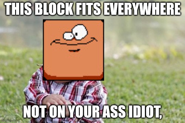 Yes, | THIS BLOCK FITS EVERYWHERE; NOT ON YOUR ASS IDIOT, | image tagged in memes,evil toddler | made w/ Imgflip meme maker