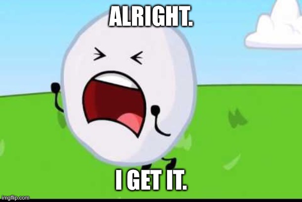 BFDI Snowball NOOOOO | ALRIGHT. I GET IT. | image tagged in bfdi snowball nooooo | made w/ Imgflip meme maker