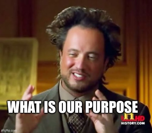 Ancient Aliens Meme | WHAT IS OUR PURPOSE | image tagged in memes,ancient aliens | made w/ Imgflip meme maker