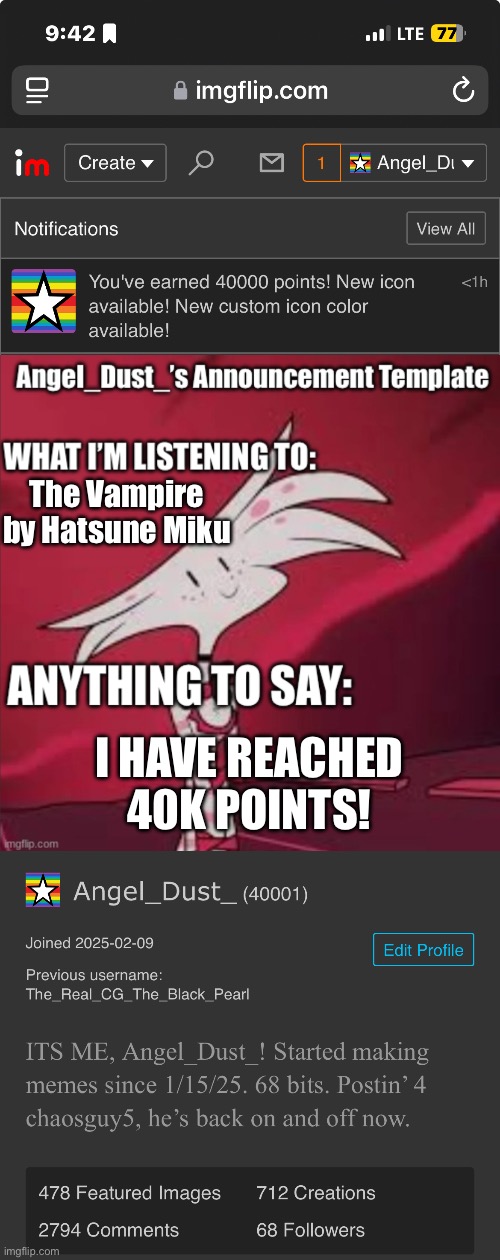 40,000 POINTS! | The Vampire by Hatsune Miku; I HAVE REACHED 40K POINTS! | image tagged in angel_dust s announcement template | made w/ Imgflip meme maker