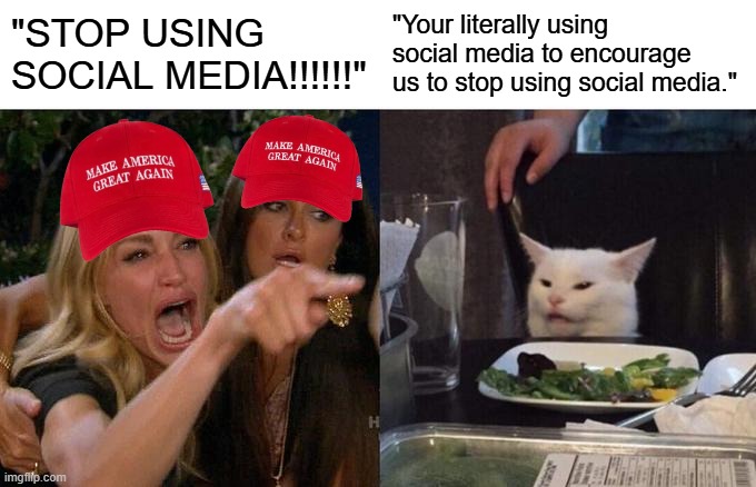 irony | "STOP USING SOCIAL MEDIA!!!!!!"; "Your literally using social media to encourage us to stop using social media." | image tagged in memes,woman yelling at cat,funny | made w/ Imgflip meme maker