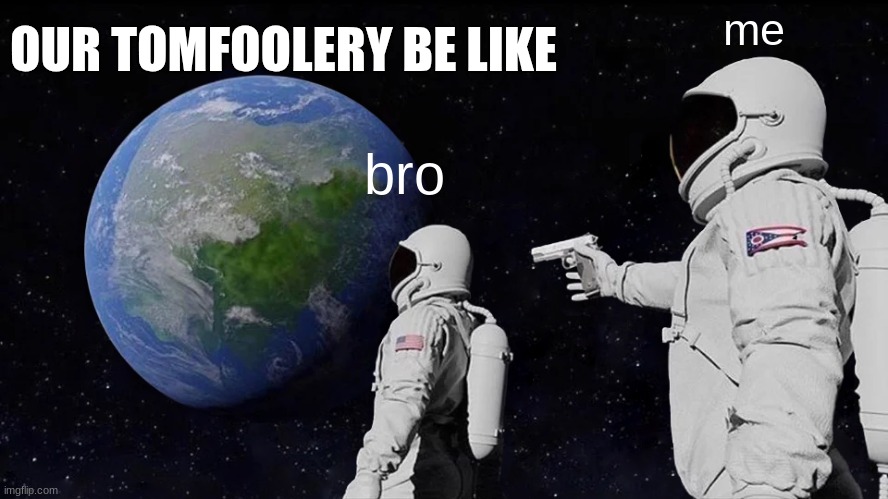 our tomfoolery | me; OUR TOMFOOLERY BE LIKE; bro | image tagged in memes | made w/ Imgflip meme maker