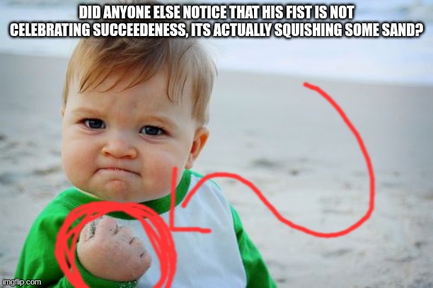 sand squishing | DID ANYONE ELSE NOTICE THAT HIS FIST IS NOT CELEBRATING SUCCEEDENESS, ITS ACTUALLY SQUISHING SOME SAND? | image tagged in memes,success kid original,sand,squish,sand squishing,kids | made w/ Imgflip meme maker