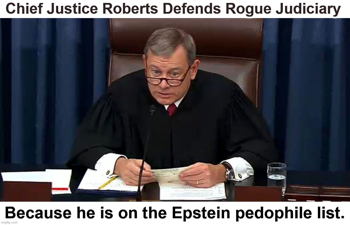 Chief Justice Roberts Defends Rogue Judiciary because he is on the Epstein pedophile list. | image tagged in chief justice,john roberts,pedophile,jeffrey epstein,epstein island,pedovores | made w/ Imgflip meme maker
