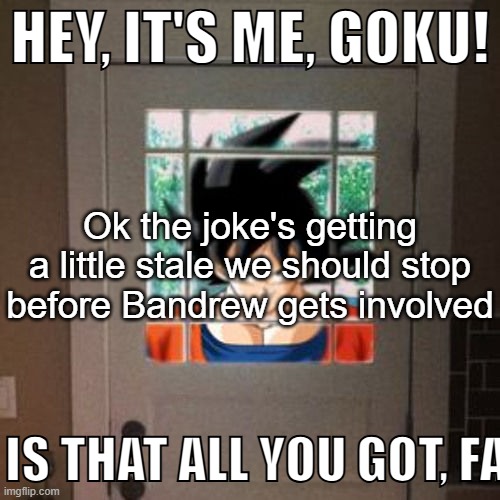 Hey, it's me, Goku! | Ok the joke's getting a little stale we should stop before Bandrew gets involved | image tagged in hey it's me goku | made w/ Imgflip meme maker