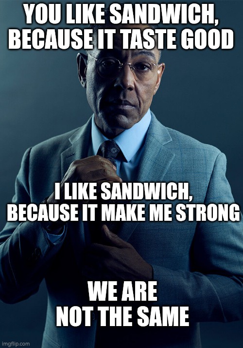 Only Team Fortress 2 fans might know my reason for Sandwich. | YOU LIKE SANDWICH, BECAUSE IT TASTE GOOD; I LIKE SANDWICH, BECAUSE IT MAKE ME STRONG; WE ARE NOT THE SAME | image tagged in gus fring we are not the same,sandwich | made w/ Imgflip meme maker