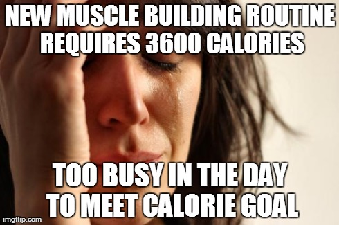 First World Problems Meme | NEW MUSCLE BUILDING ROUTINE REQUIRES 3600 CALORIES TOO BUSY IN THE DAY TO MEET CALORIE GOAL | image tagged in memes,first world problems | made w/ Imgflip meme maker