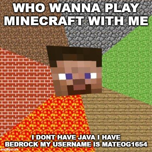 Minecraft Steve | WHO WANNA PLAY MINECRAFT WITH ME; I DONT HAVE JAVA I HAVE BEDROCK MY USERNAME IS MATEOG1654 | image tagged in minecraft steve | made w/ Imgflip meme maker