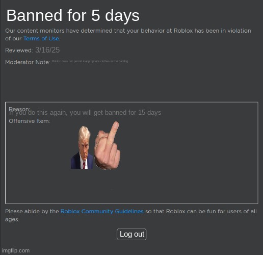 idk | Banned for 5 days; 3/16/25; Roblox does not permit inappropriate clothes in the catalog; If you do this again, you will get banned for 15 days; Log out | image tagged in roblox ban | made w/ Imgflip meme maker