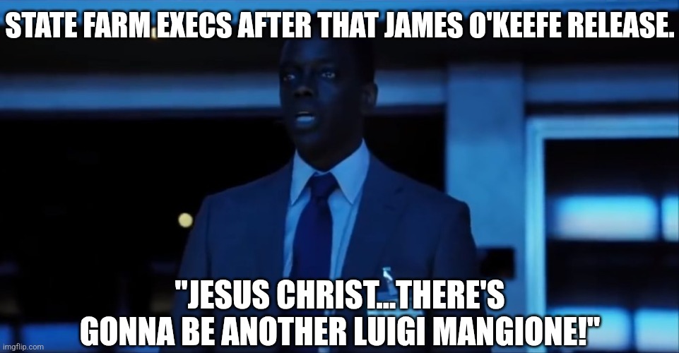 State Farm is about to leave California...quickly. | STATE FARM EXECS AFTER THAT JAMES O'KEEFE RELEASE. "JESUS CHRIST...THERE'S GONNA BE ANOTHER LUIGI MANGIONE!" | image tagged in memes,funny,politics,insurance,california,jason bourne | made w/ Imgflip meme maker