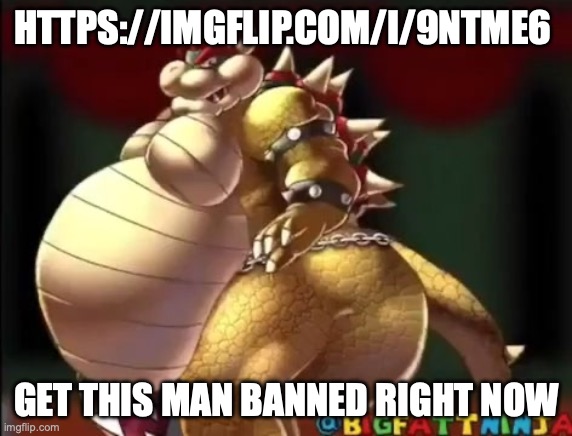 Bowser fart photo meme | HTTPS://IMGFLIP.COM/I/9NTME6; GET THIS MAN BANNED RIGHT NOW | image tagged in bowser fart photo meme | made w/ Imgflip meme maker