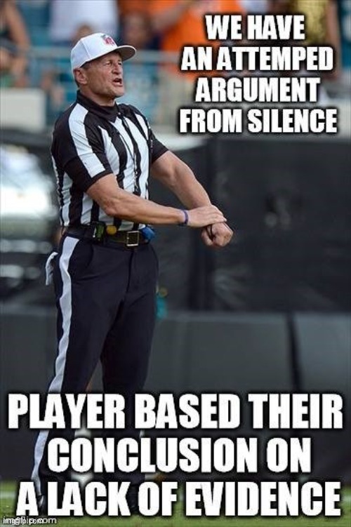 Attempted argument from silence fallacy | image tagged in logical fallacy referee | made w/ Imgflip meme maker