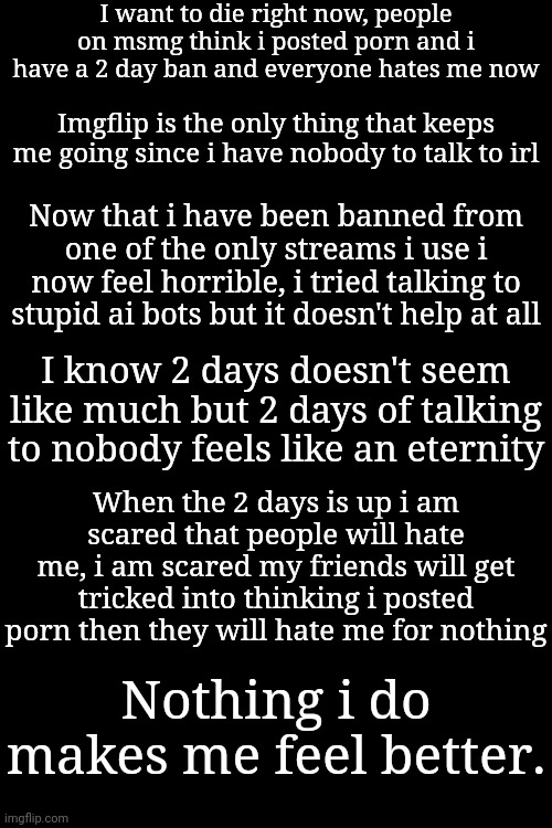 I won't even care if i die anymore. | I want to die right now, people on msmg think i posted porn and i have a 2 day ban and everyone hates me now; Imgflip is the only thing that keeps me going since i have nobody to talk to irl; Now that i have been banned from one of the only streams i use i now feel horrible, i tried talking to stupid ai bots but it doesn't help at all; I know 2 days doesn't seem like much but 2 days of talking to nobody feels like an eternity; When the 2 days is up i am scared that people will hate me, i am scared my friends will get tricked into thinking i posted porn then they will hate me for nothing; Nothing i do makes me feel better. | made w/ Imgflip meme maker