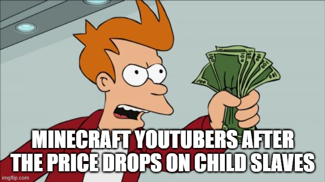 They prefer the term "Minor" | MINECRAFT YOUTUBERS AFTER THE PRICE DROPS ON CHILD SLAVES | image tagged in memes,shut up and take my money fry | made w/ Imgflip meme maker