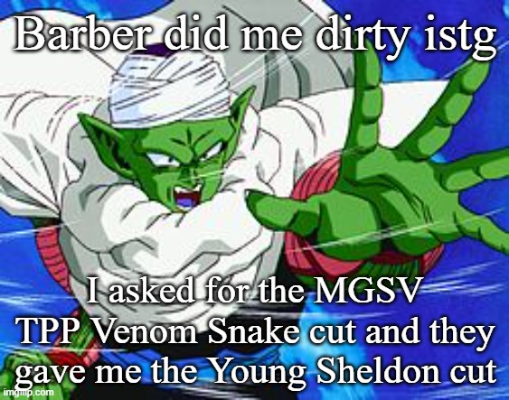 Piccolo | Barber did me dirty istg; I asked for the MGSV TPP Venom Snake cut and they gave me the Young Sheldon cut | image tagged in piccolo | made w/ Imgflip meme maker