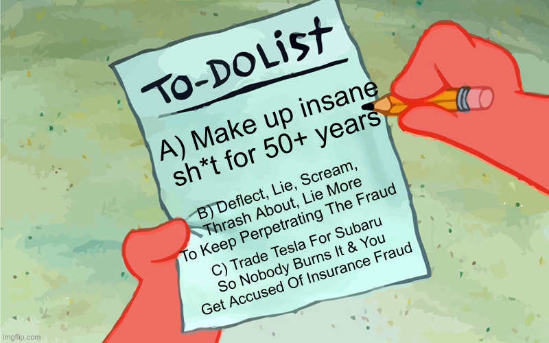 Democrats Wake Up, Lie. Walk, Lie. Talk, Lie. Just Lie, Lie And Lie | A) Make up insane sh*t for 50+ years; B) Deflect, Lie, Scream, Thrash About, Lie More To Keep Perpetrating The Fraud; C) Trade Tesla For Subaru So Nobody Burns It & You Get Accused Of Insurance Fraud | image tagged in patrick to do list actually blank,political meme,politics,funny memes,funny | made w/ Imgflip meme maker