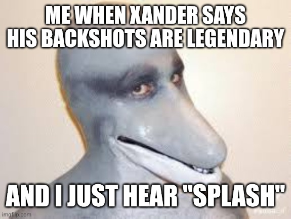 Xanders name echoing wild and loud | ME WHEN XANDER SAYS HIS BACKSHOTS ARE LEGENDARY; AND I JUST HEAR "SPLASH" | image tagged in dolphin guy | made w/ Imgflip meme maker