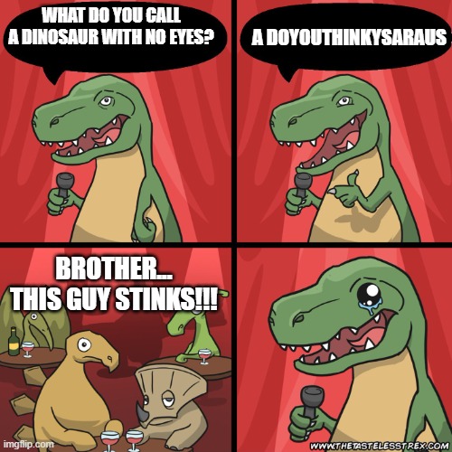 stand up dinosaur | WHAT DO YOU CALL A DINOSAUR WITH NO EYES? A DOYOUTHINKYSARAUS; BROTHER... THIS GUY STINKS!!! | image tagged in stand up dinosaur | made w/ Imgflip meme maker