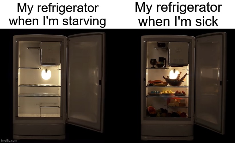 No one reads the title | My refrigerator when I'm sick; My refrigerator when I'm starving | image tagged in relatable memes,funny memes,refrigerator,sick,calling in sick | made w/ Imgflip meme maker