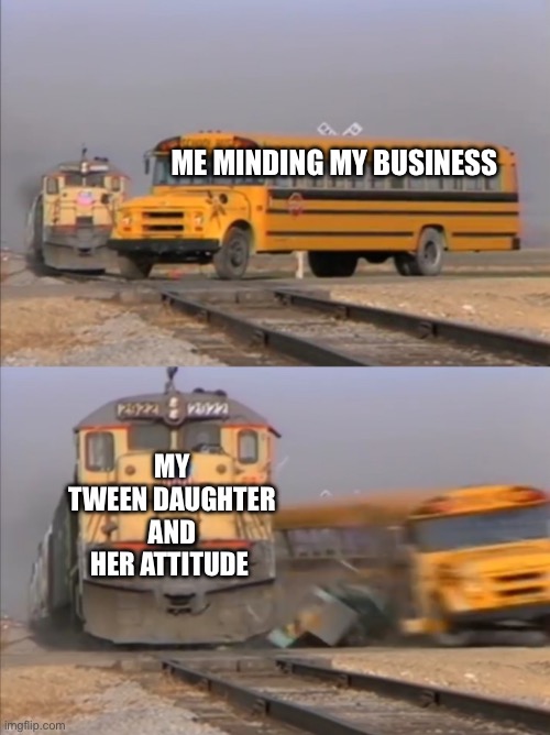 Tween Daughters Attitude | ME MINDING MY BUSINESS; MY TWEEN DAUGHTER AND HER ATTITUDE | image tagged in train crashes bus | made w/ Imgflip meme maker