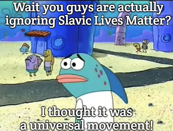 Wait you guys are actually racist? | Wait you guys are actually ignoring Slavic Lives Matter? I thought it was a universal movement! | image tagged in wait you guys are actually racist,slavic lives matter | made w/ Imgflip meme maker
