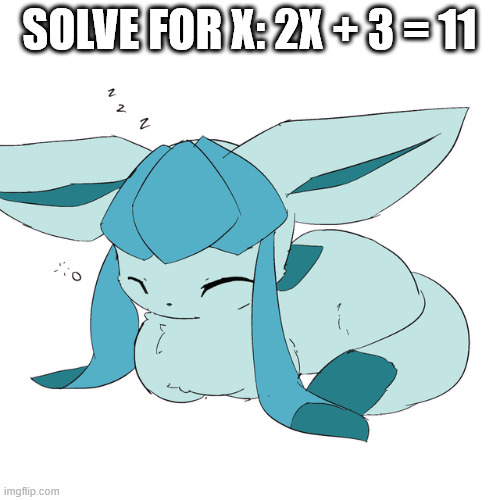 Glaceon loaf | SOLVE FOR X: 2X + 3 = 11 | image tagged in glaceon loaf | made w/ Imgflip meme maker