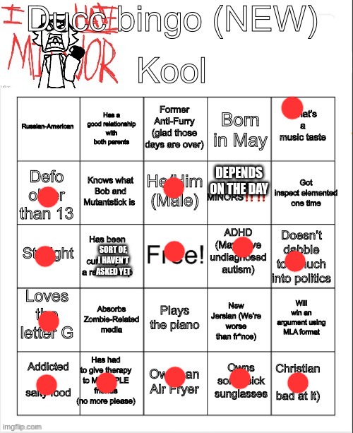 Ducc bingo (NEW) | DEPENDS ON THE DAY; SORT OF, I HAVEN'T ASKED YET | image tagged in ducc bingo new | made w/ Imgflip meme maker