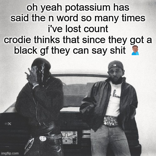 ion fw them anyway | oh yeah potassium has said the n word so many times i've lost count
crodie thinks that since they got a black gf they can say shit 🤦🏽‍♂️ | image tagged in iamduckworth | made w/ Imgflip meme maker