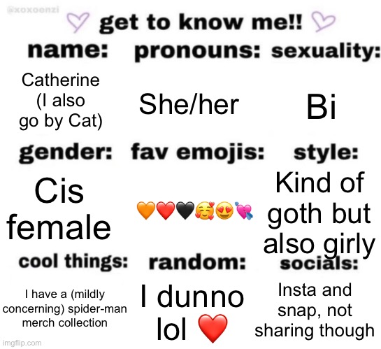 get to know me but better | Catherine (I also go by Cat); She/her; Bi; 🧡❤️🖤🥰😍💘; Kind of goth but also girly; Cis female; Insta and snap, not sharing though; I dunno lol ❤️; I have a (mildly concerning) spider-man merch collection | image tagged in get to know me but better | made w/ Imgflip meme maker