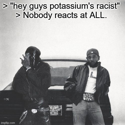 how do you guys just not gaf | > "hey guys potassium's racist" 
> Nobody reacts at ALL. | image tagged in iamduckworth | made w/ Imgflip meme maker