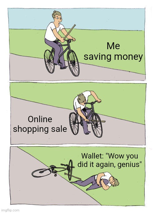 Bike Fall | Me saving money; Online shopping sale; Wallet: "Wow you did it again, genius" | image tagged in memes,bike fall | made w/ Imgflip meme maker